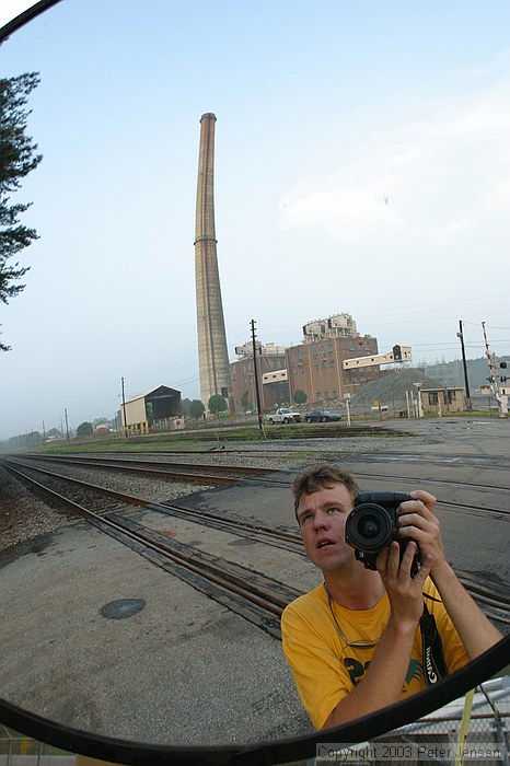 me taking silly pictures of GA Power Plant Arkwright's 582' stack, one week before it will be demolished