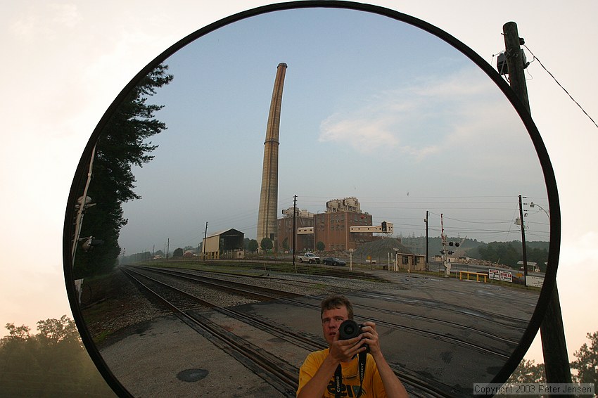 me taking silly pictures of GA Power Plant Arkwright's 582' stack, one week before it will be demolished