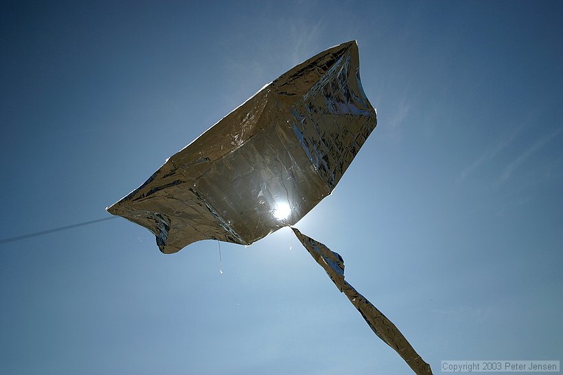 the kite I built (modeled after a Genki).  Spars are 1/8" CF rod, bound with Kevlar lashings and CA.  Cover/tail is mylar space blanket.