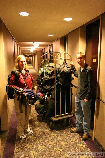 Laura and Bill with the very full luggage cart (three of us plus gear filled a Cadillac Deville comfortably)