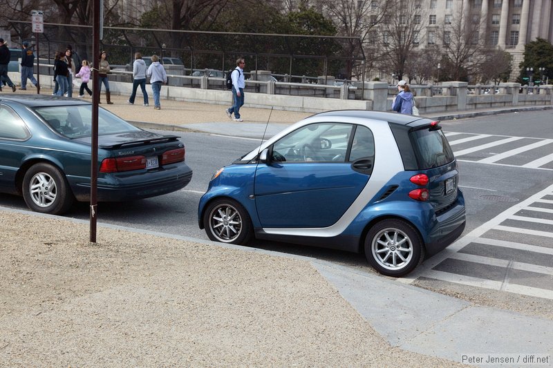 Smart car sneaking in to a tiny parking spot