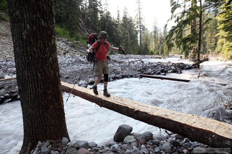 one of the sketchiest crossings you can make on a good bridge - NPS trail crew was adding a one-sided handrail on our trip out