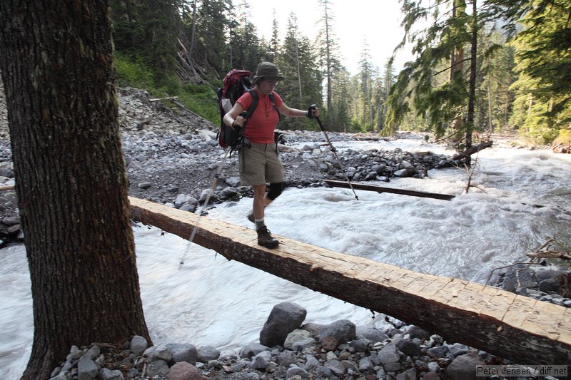 one of the sketchiest crossings you can make on a good bridge - NPS trail crew was adding a one-sided handrail on our trip out