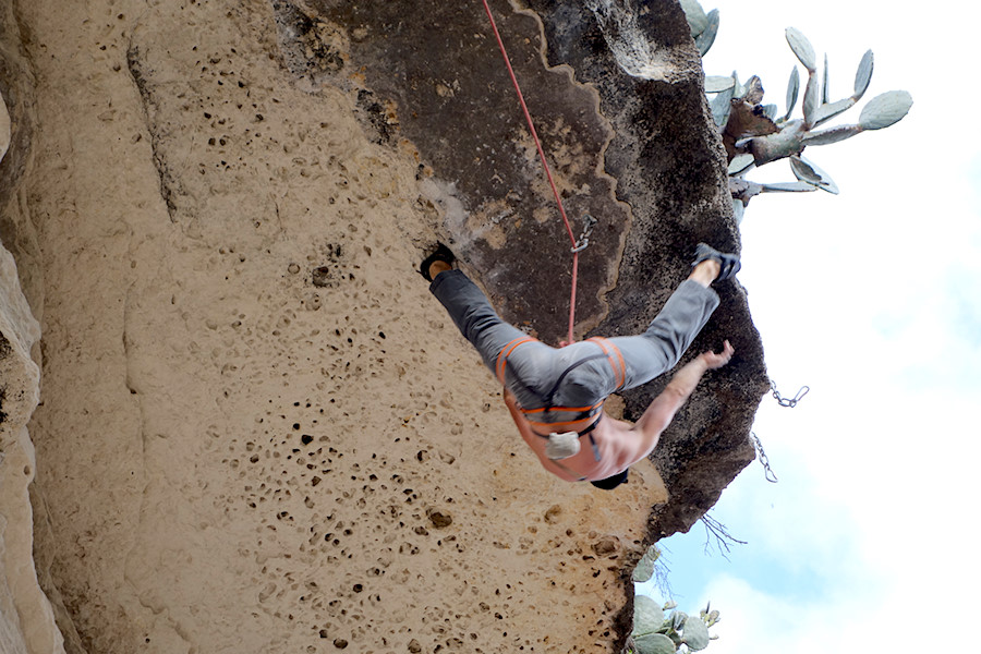nice guy working on Cutting Cards for a Poke (5.12a), Seismic Wall, Austin Greenbelt