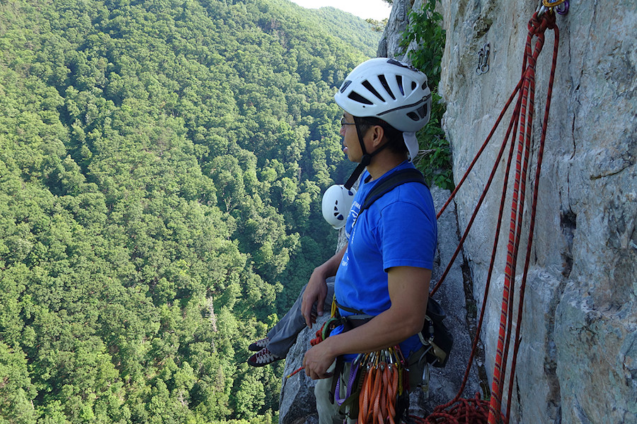 on Alcoa ledge after climbing Conns East Direct