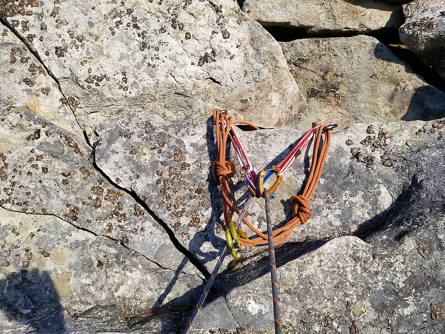 TR anchor for Adam Kopley Memorial Route (slings to avoid loading carabiners over the edge)
