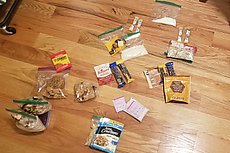 much of my food - left to right, breakfast, lunch, dinner. Pre-cooked farro+chicken+veggies for 1st day lunch/dinner, then Skurka recipe breakfasts and a tuna+rice+fritos dinner