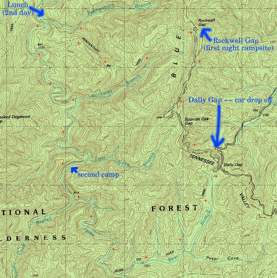 annotated USGS map of Jacks Creek area