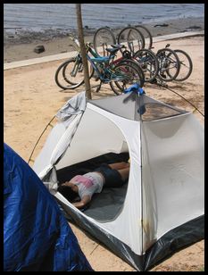relaxing in the tent