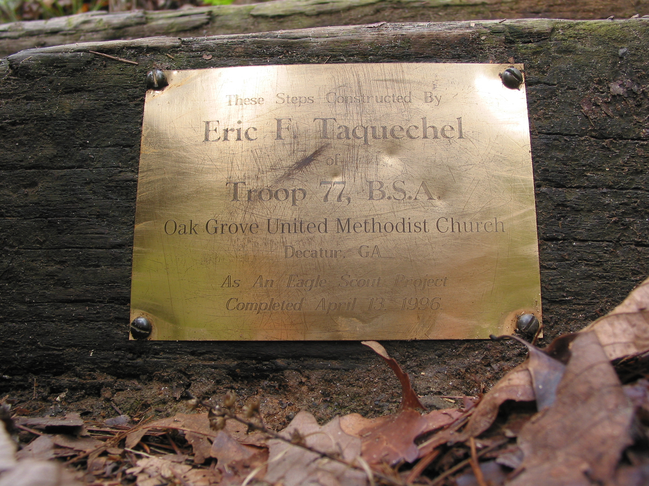 Eagle Project plaque on stairs