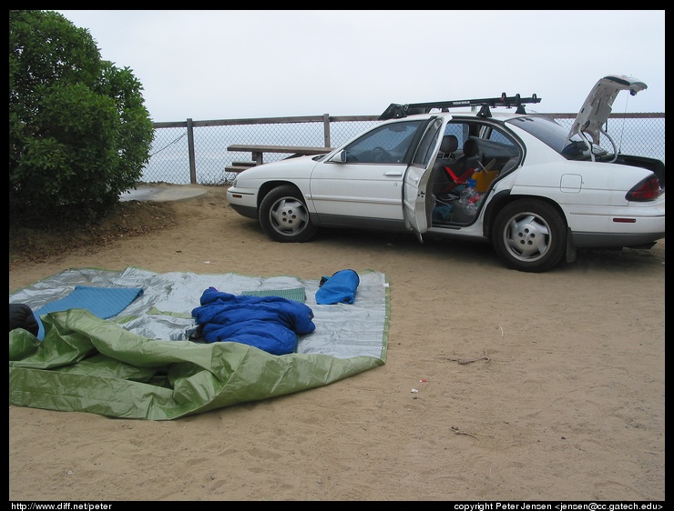 our sleeping arrangements and the car, positioned as somewhat of a windbreak