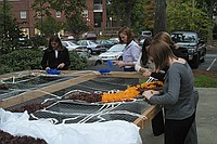 sorority sisters creating homecoming decorations