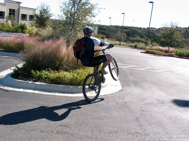 Steve pulling some wheelies and pogo-hops