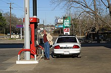 Dad at a gas station in the middle of nowhere, TX.