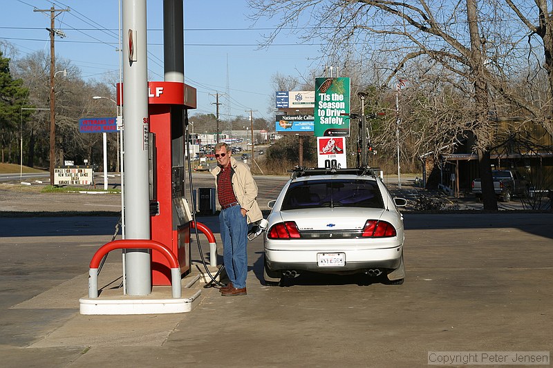 Dad at a gas station in the middle of nowhere, TX.