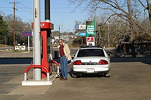 Dad at a gas station in the middle of nowhere, TX.