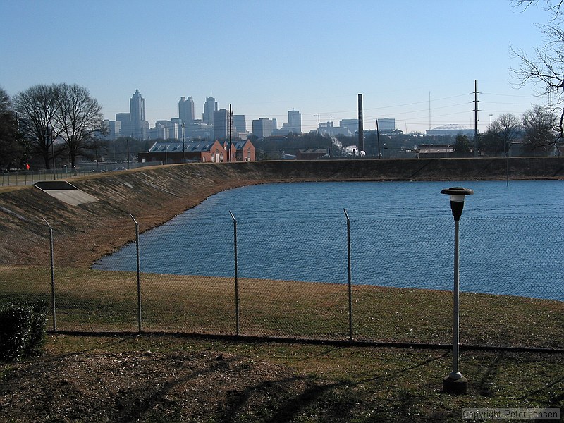looking south over the Atlanta water works reservoir between Howell Mill Rd and Northside Dr.