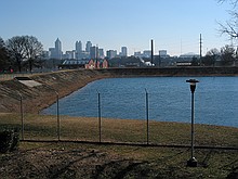 looking south over the Atlanta water works reservoir between Howell Mill Rd and Northside Dr.