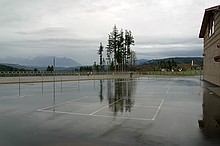 the outside play area at the school (note the mountains in the background)