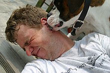 Bandit giving Peter a much-needed bath