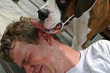 Bandit giving Peter a much-needed bath