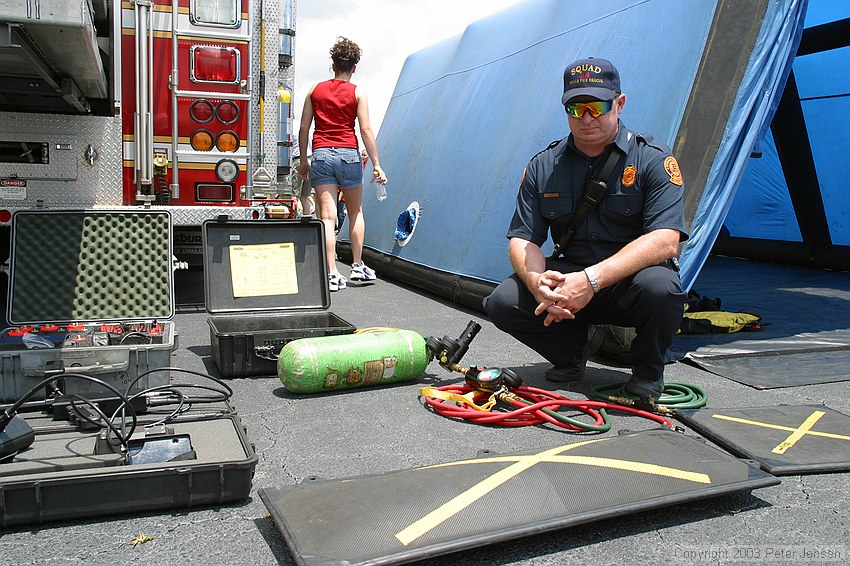 a fireman kindly demonstrated one of their heavy lifting bags to me -- an airbag similar to this one can be shoved under a fallen piece of comcrete (or structure) and can lift huge amounts.  This particular bag is rated for a maximum of 34.7 tons, which i