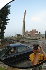 me taking silly pictures of GA Power Plant Arkwright's 582' stack, one week before it will be demolished