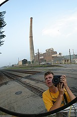 me taking silly pictures of GA Power Plant Arkwright's 582' stack, one week before it will be demolished