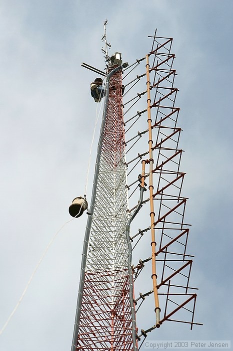 Micky Blackmon of Blackmon Site Services (recommended) preparing to move W4AQL's 2m folded loop dipole down to a side-arm mount.