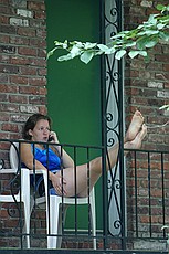 Kim working hard on her balcony before the whitewater trip