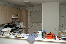 kitchen with stuff still being unpacked...