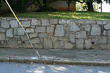 looking south; the wire, wall and curb