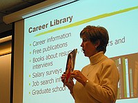 Marge Dussich giving a talk on Career Services to the ACM meeting