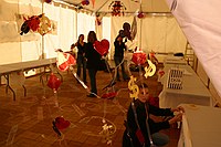 setting up the inside of the tent