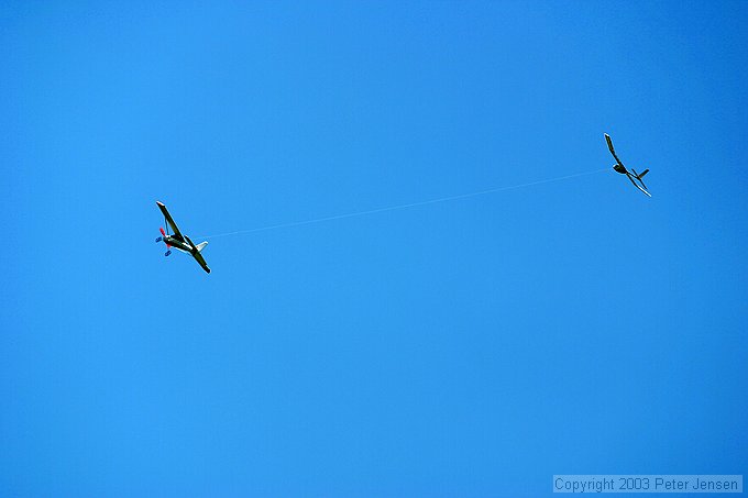 Charles and Randy aerotowing the DAW Dragonette with a GWS electric plane