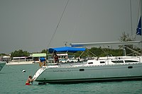 Calvin boarding Aries after a swim