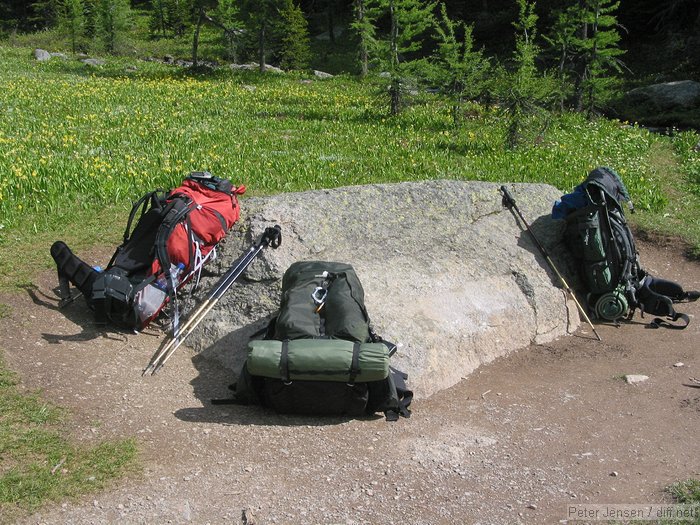 our packs at the convenient lunch rock