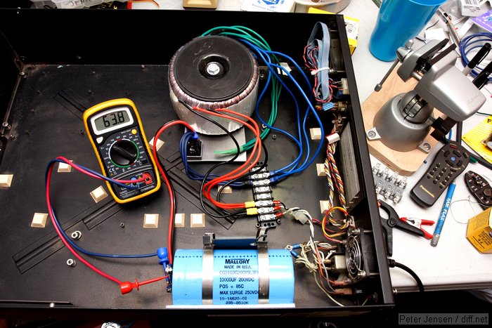 all scavenged except the toroidal transfromer (2*110V primaries, 2*46V secondaries, and 2*12V secondaries that are currently iunused and not connected.).  Still need to clean up the wiring a bit.