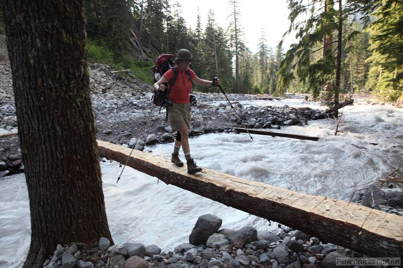 one of the sketchiest crossings you can make on a good bridge - NPS trail crew was adding a one-sided handrail on our trip out