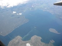 Yellowstone Lake with Fishing Bridge and such visibile on the north shore