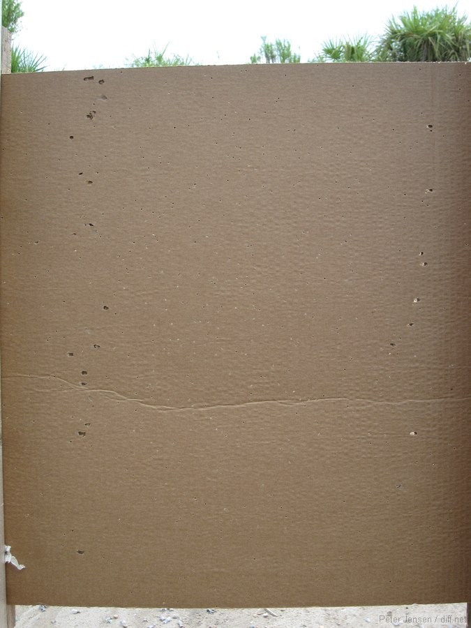 vertical stripes of uneven holes appear to be ricochet impacts from the target holder. #8 shot fired by a Saiga-12 at 25 yards, no choke.