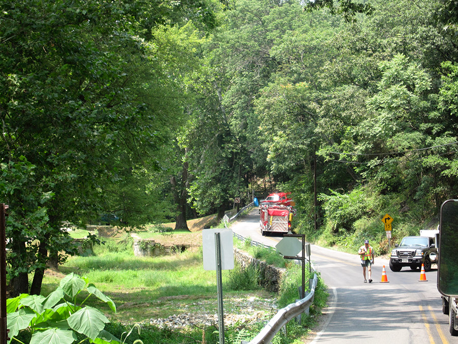 part of the road was closed because a bus had an oil line fail