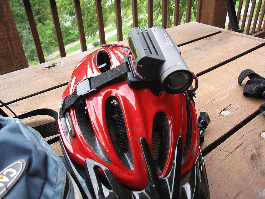 early attempt at mounting helmet camera on helmet - not very comfortable!