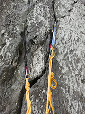 practicing gear placements - the cam on the right is against a sketchy looking flake