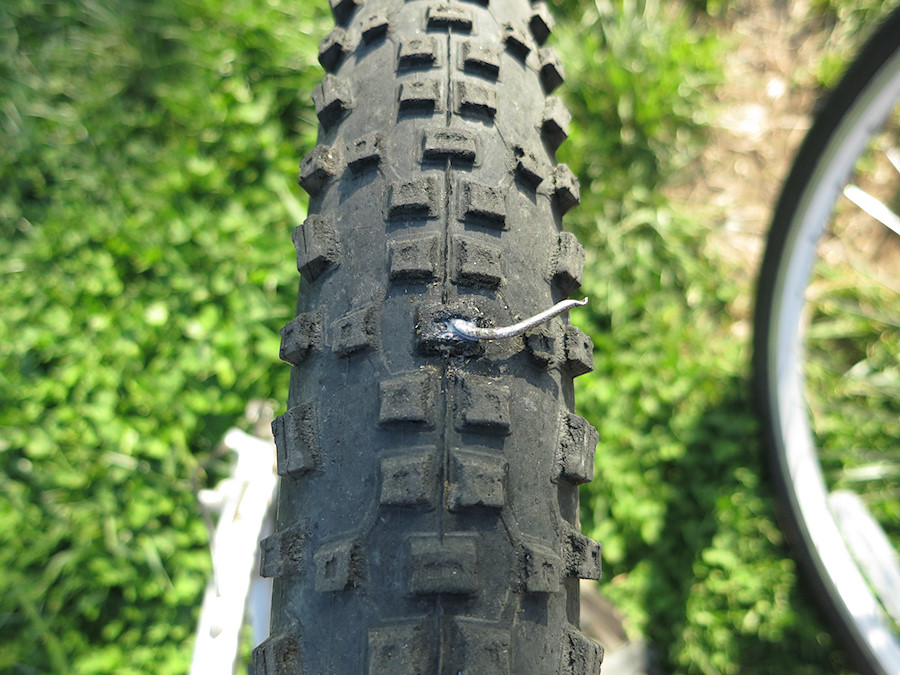 the ridiculous nail-like puncture I picked up - I had to hold my finger over the hole for about 30 seconds and add about 10psi of air, but the Stans sealed it for the remaining 10 miles