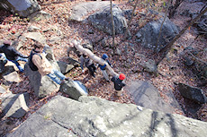 putting the compost log in place to mitigate and catch spills