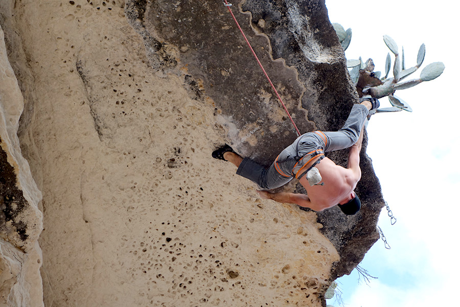 nice guy working on Cutting Cards for a Poke (5.12a), Seismic Wall, Austin Greenbelt
