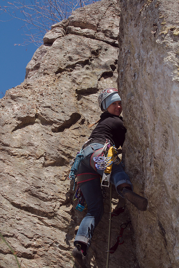 Eliddia leading The Alley (5.7, White Rocks, Pillar 2)