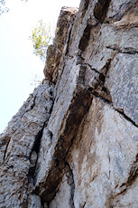 looking up at Ecstasy Jr P2, climb follows the right-facing dihedral and then pulls the roof