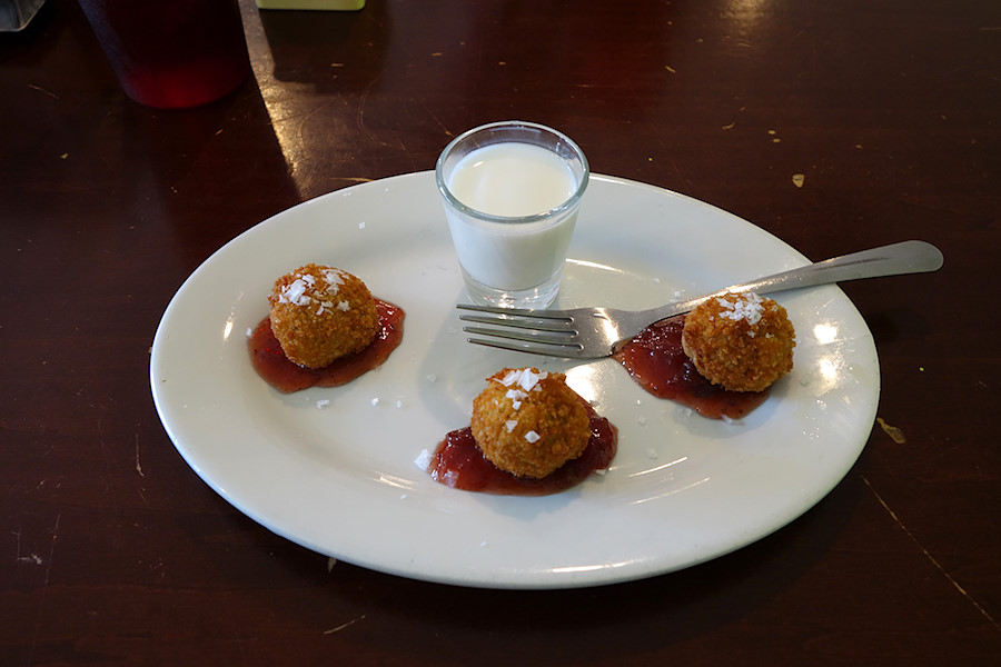 Tucker Duke's PB&J Bon-Bons. fried peanut butter, seasonal jam, milk shooter.